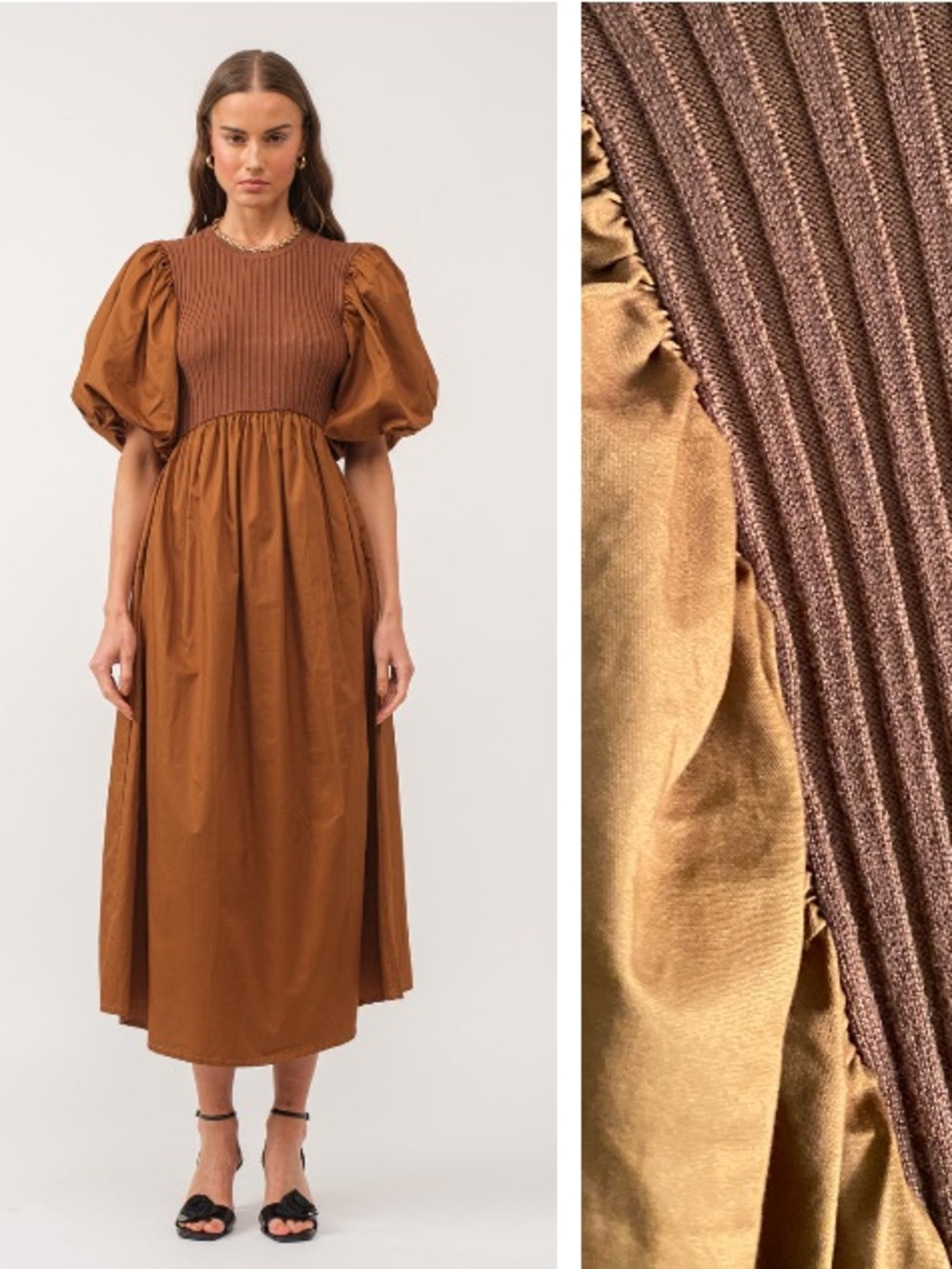 Sofie The Label Brown Puff Sleeve Midi Dress Medium